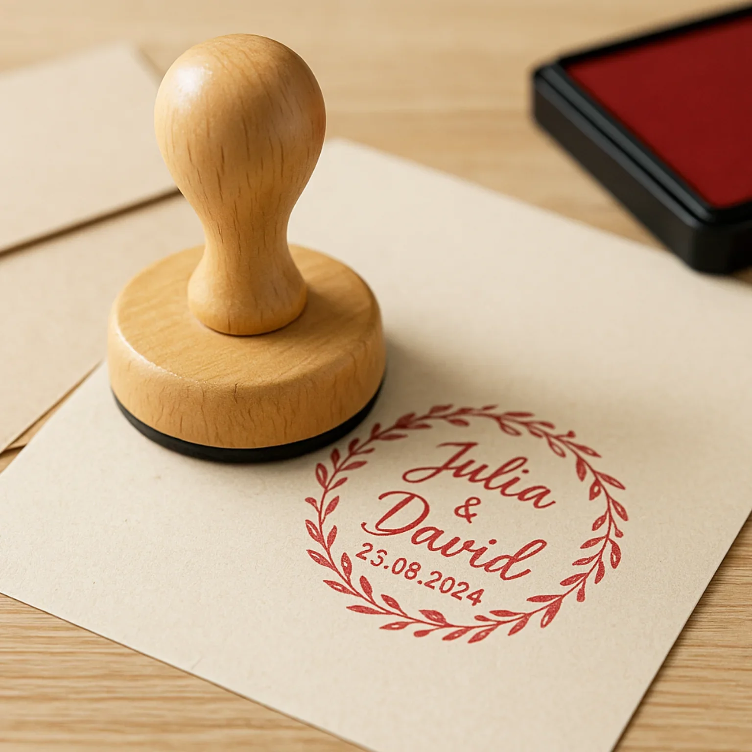 Hochzeitsstempel mit Kranz, Namen von Julia & David und Datum
