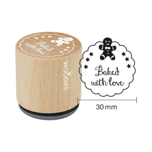 Woodies Weihnachtsstempel Baked with love mit Lebkuchenfigur und Sternenrand