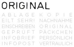 Abdruckbeispiele des COLOP S 220/W Wortbandstempels mit Texten wie ORIGINAL, EILT SEHR!, INFOPOST, PÄCKCHEN und VERTRAULICH