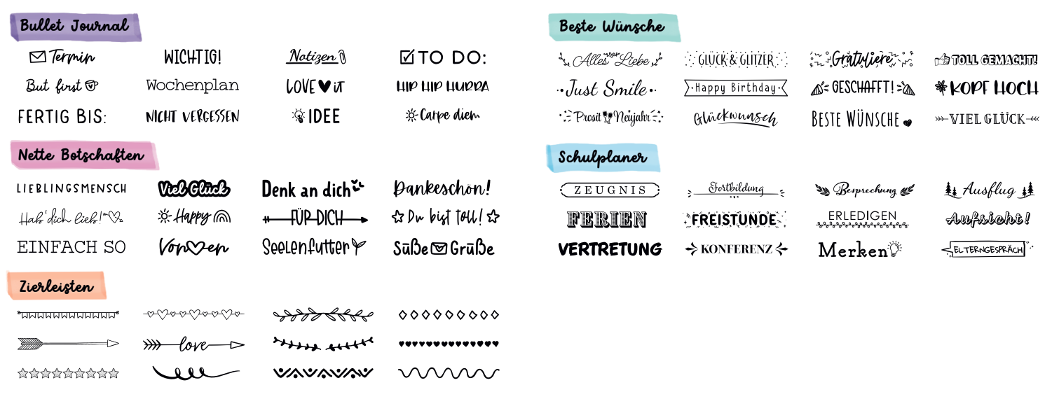 Motivübersicht aller Trodat Creative Mini Stempel mit Serienzuordnung für Bullet Journal, Schule und Botschaften