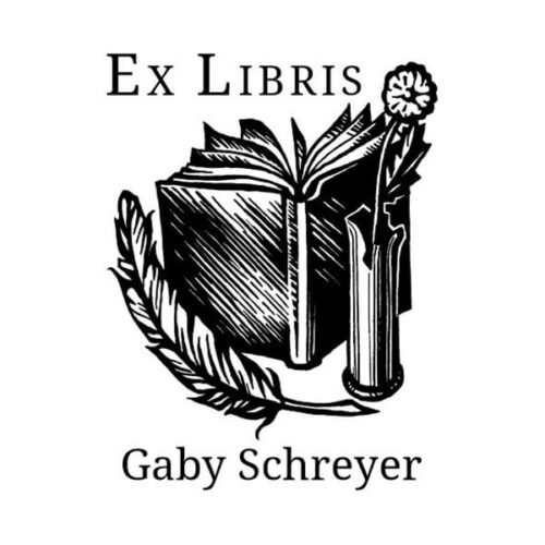 Ex Libris Holzstempel – Buch mit Feder und Blume