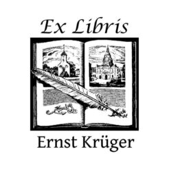 ex libris holzstempel aufgeschlagenes buch mit feder