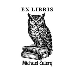 Ex Libris Holzstempel mit Eule auf Büchern – Abdruckgröße ca. 40 x 55 mm