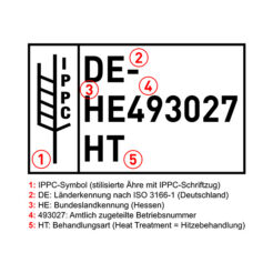 Aufbau einer IPPC-Kennzeichnung mit IPPC-Symbol, Länderkennung DE, Bundeslandkennung HE, Betriebsnummer und Behandlungsart HT