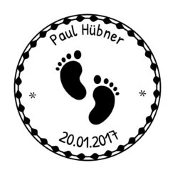 Motivstempel mit Babyfüßchen, Name und Datum, Abdruck rund 40 mm