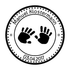 Motivstempel mit Babyhändchen, Name und Datum, Abdruck rund 40 mm