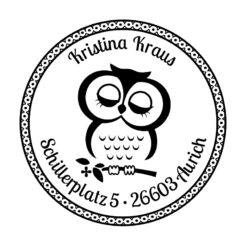 Runder Stempel mit Eulenmotiv und Namen, Abdruck rund 40 mm