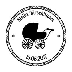 Baby-Stempel mit Kinderwagen, Name und Datum, Abdruck rund 40 mm