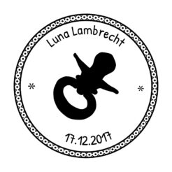 Stempel mit Schnuller, Name und Datum, Abdruck rund 40 mm