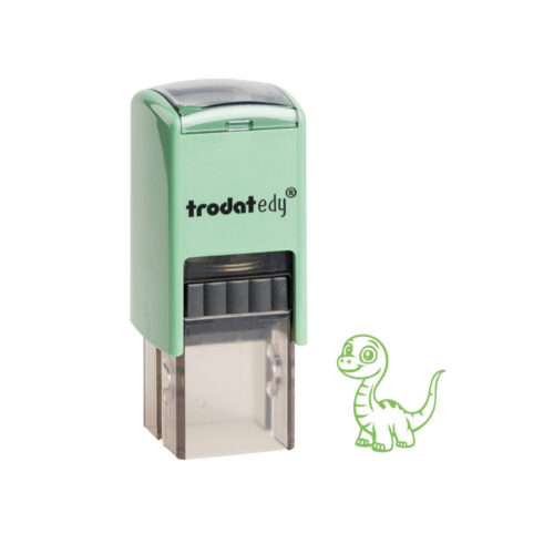 Trodat edy Stempel Langhals-Dino in Mint mit Abdruck in Gelbgrün