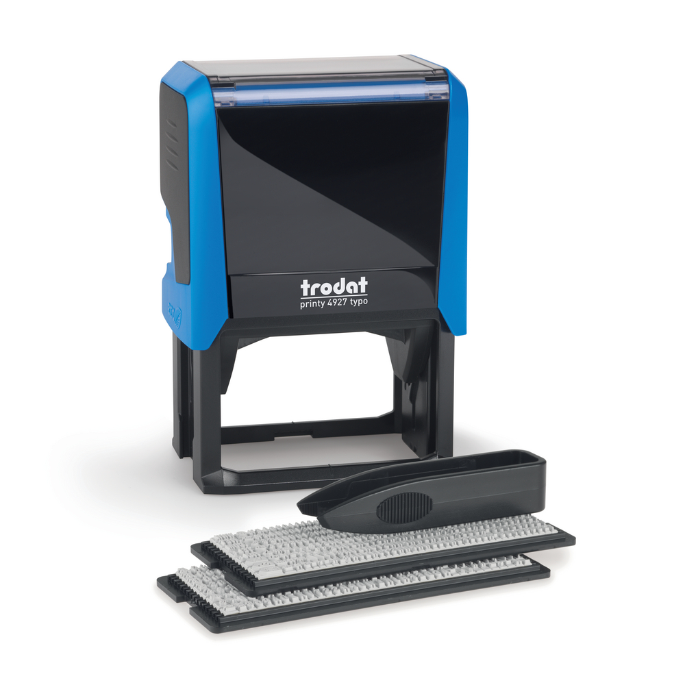 Trodat Printy 4927 Typomatic Stempel in Blau mit beiliegendem Typensatz und Pinzette