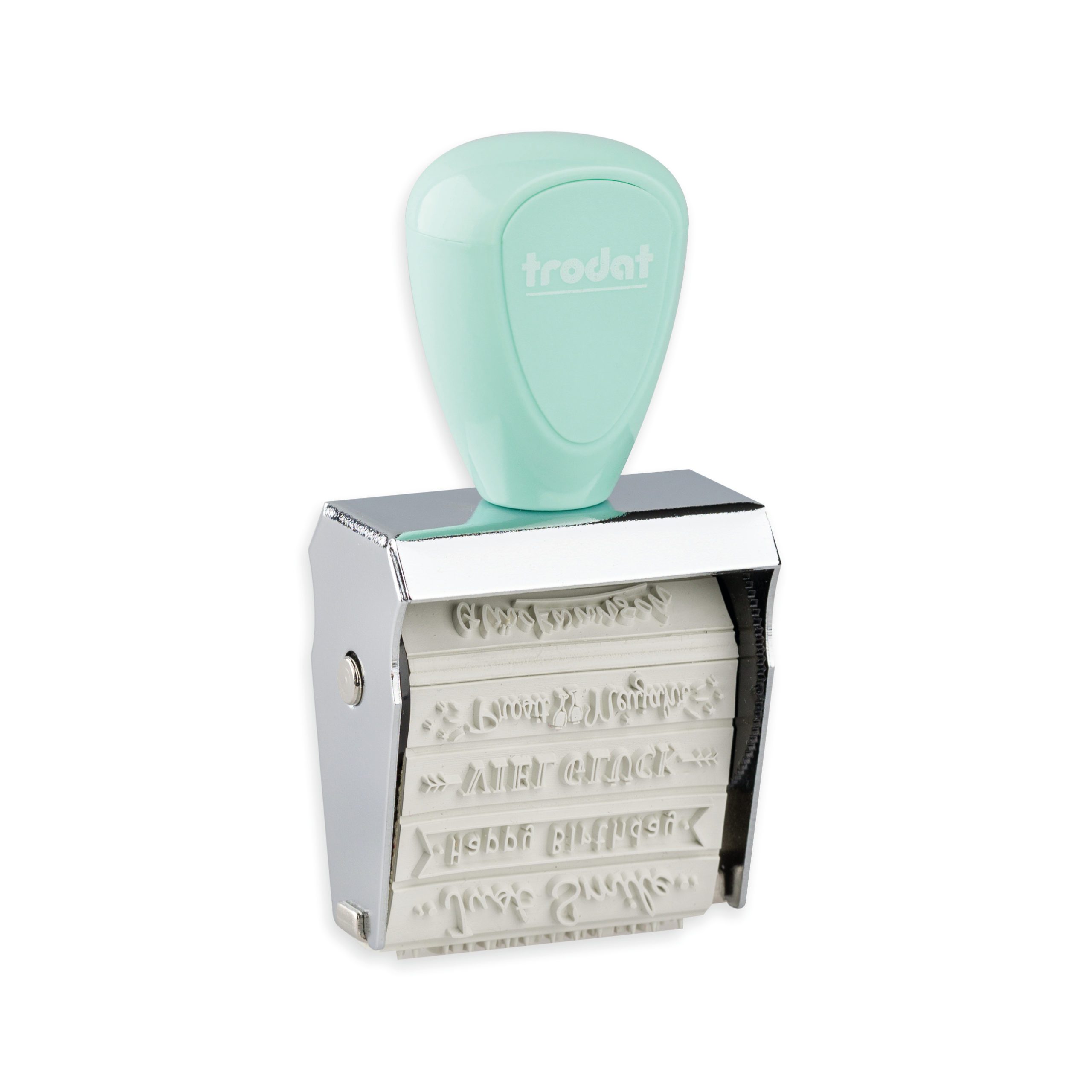 Trodat Creative Mini Stempel Beste Wünsche mint schräge Frontansicht mit Motivband