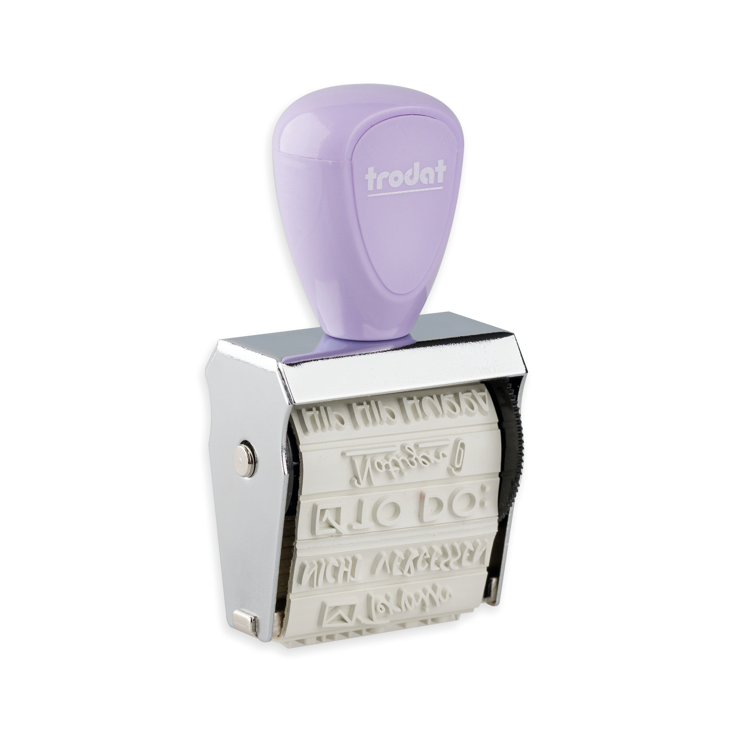 Trodat Creative Mini Journal Stempel lila mit Metallfassung und Gummibändern in Schrägansicht