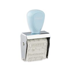 Trodat Creative Mini Lehrer Stempel hellblau mit Gummibändern in Schrägansicht