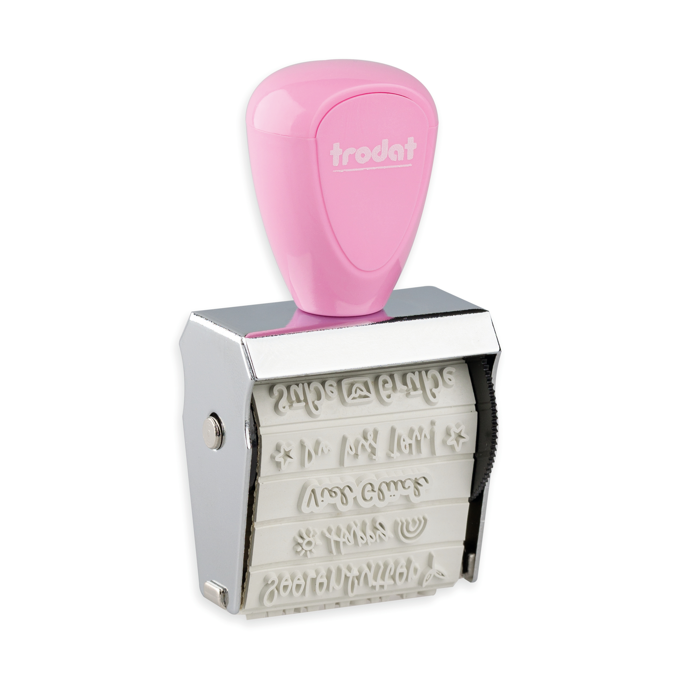 Trodat Creative Mini Nette Botschaften Stempel rosa mit Motivbändern in Schrägansicht